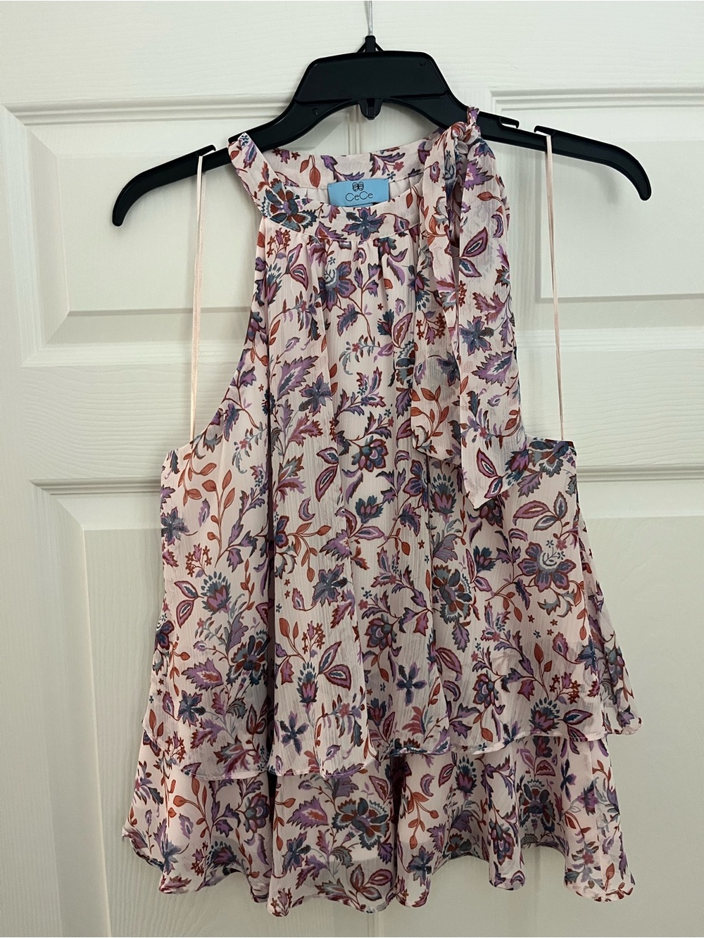 CeCe Pink Floral Tie-Neck Ruffled Halter Tank